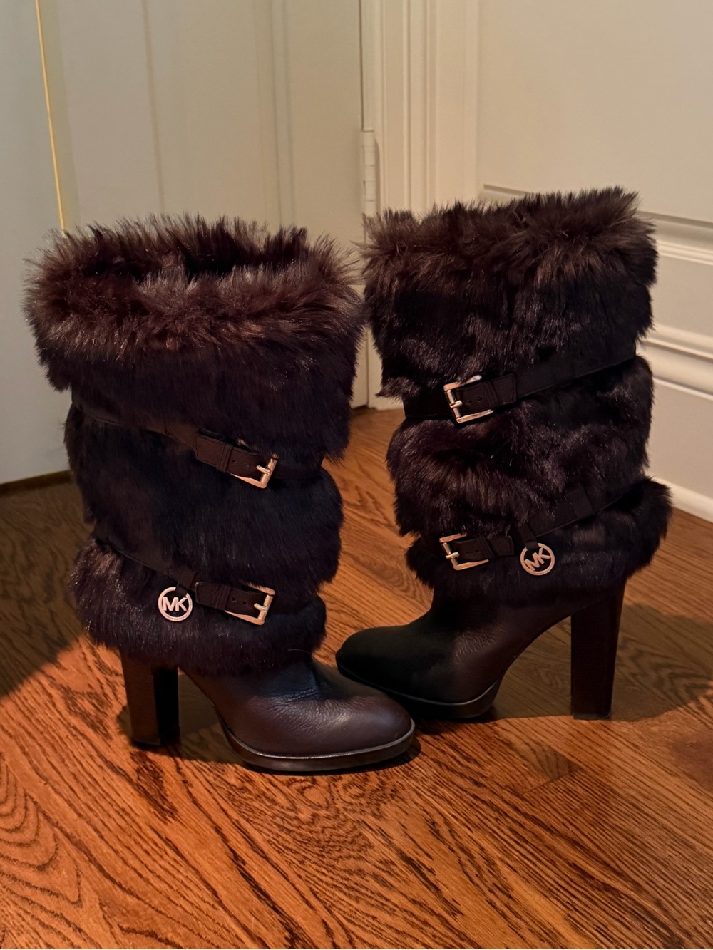 Michael Kors Dark Brown Fur-Trim Leather High-Heel Boots